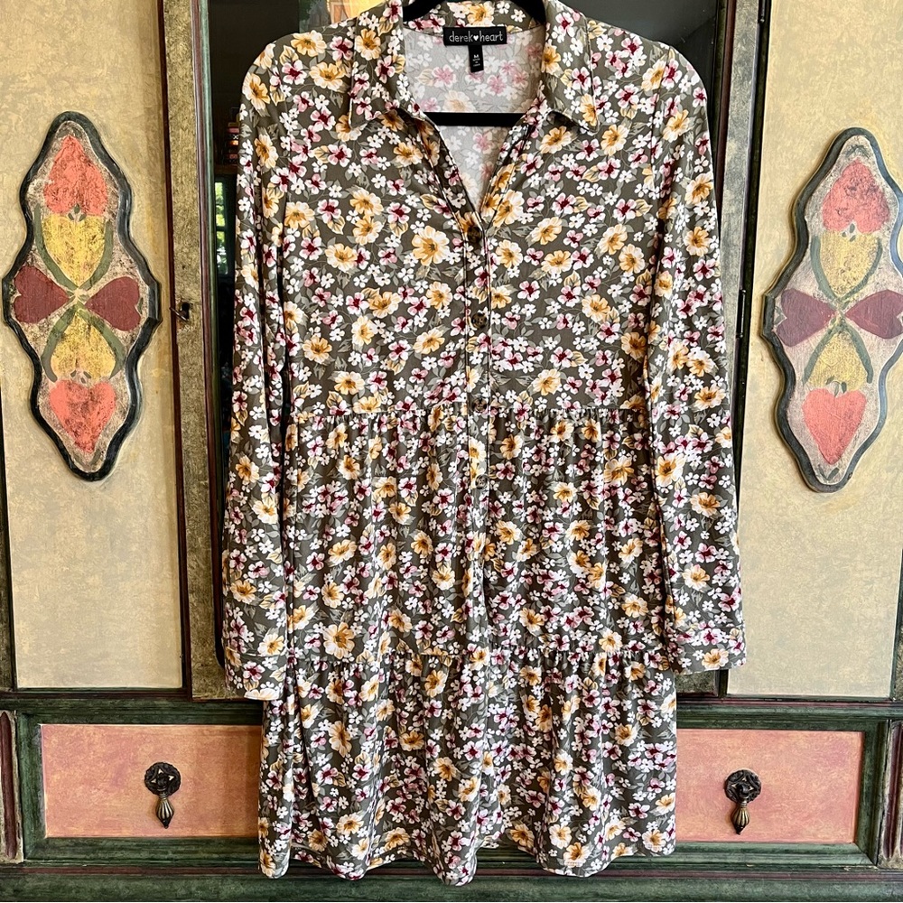 Green Floral Long Sleeve Button Up Dress